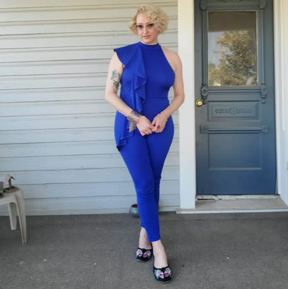 EUC Royal Blue Asymmetrical Ruffled Bodysuit Bodycon Sz L - Picture 4 of 6